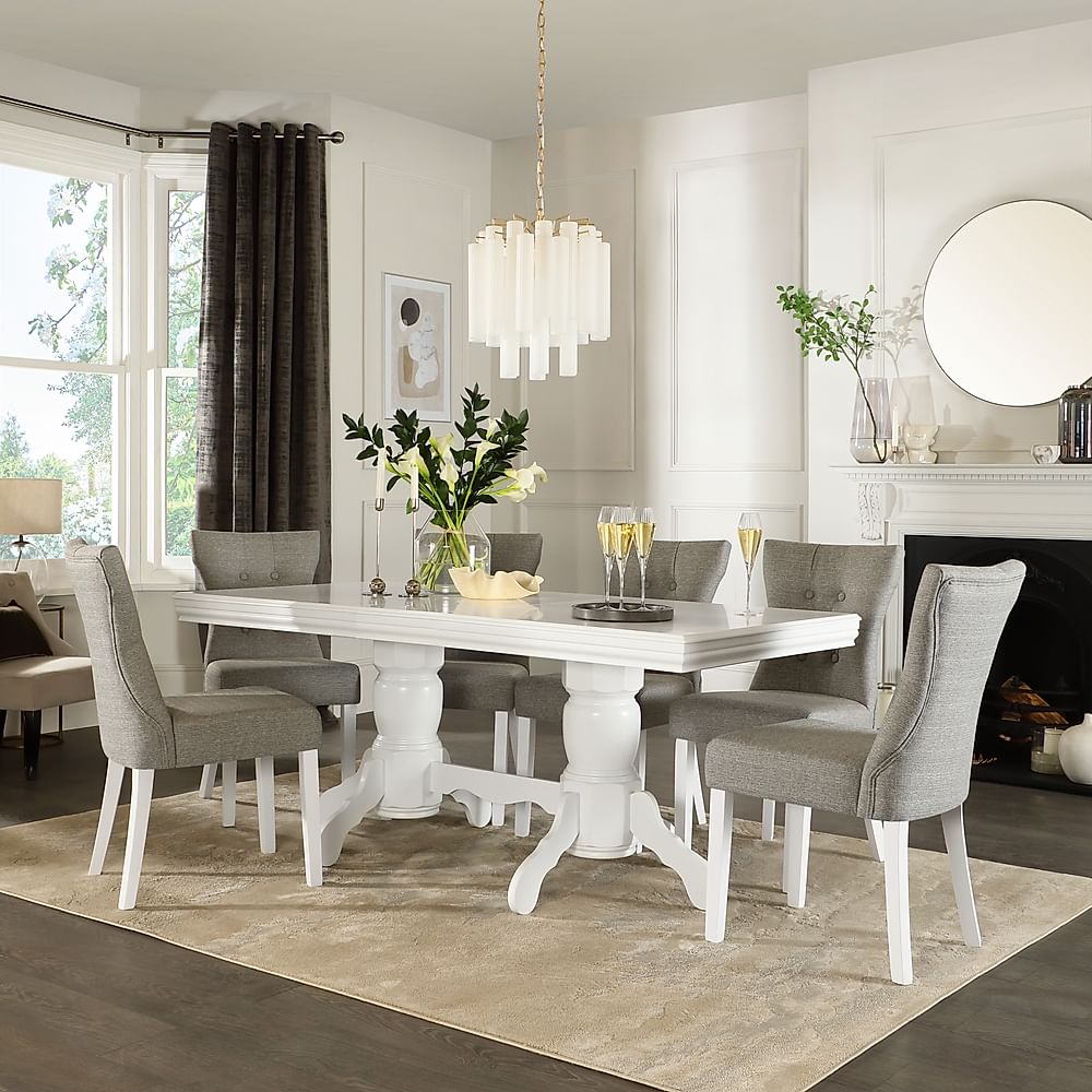 Chatsworth Extending Dining Table & 4 Bewley Chairs, White Wood, Light Grey Classic Linen-Weave Fabric, 150-180cm