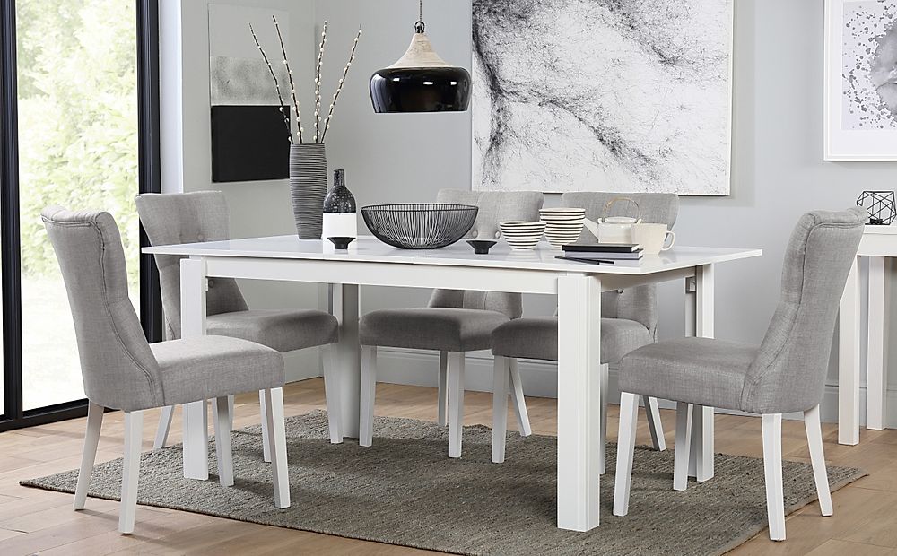 Aspen Extending Dining Table & 4 Bewley Chairs, White Wood, Light Grey Classic Linen-Weave Fabric, 150-180cm