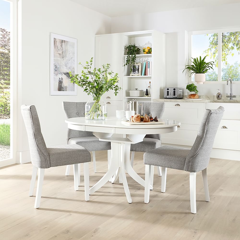 Hudson Round Extending Dining Table & 4 Bewley Chairs, White Wood, Light Grey Classic Linen-Weave Fabric, 90-120cm