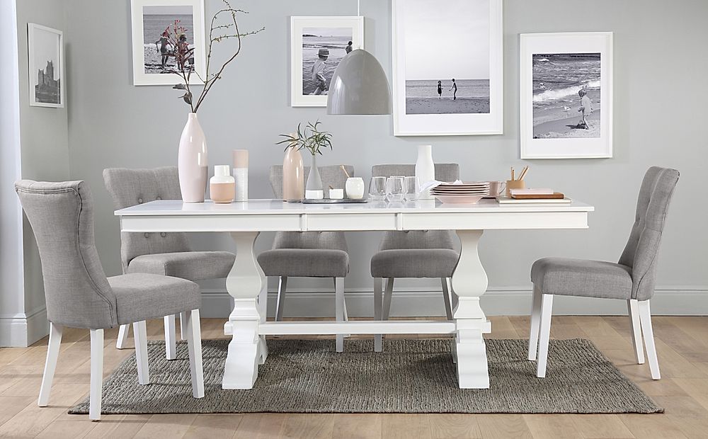 Cavendish Extending Dining Table & 4 Bewley Chairs, White Wood, Light Grey Classic Linen-Weave Fabric, 160-200cm