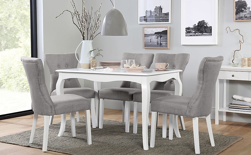 Clarendon Dining Table & 4 Bewley Chairs, White Wood, Light Grey Classic Linen-Weave Fabric, 120cm
