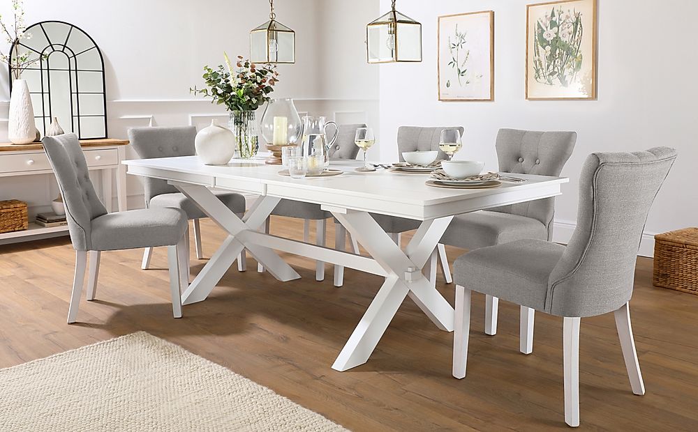 Grange Extending Dining Table & 8 Bewley Chairs, White Wood, Light Grey Classic Linen-Weave Fabric, 180-220cm