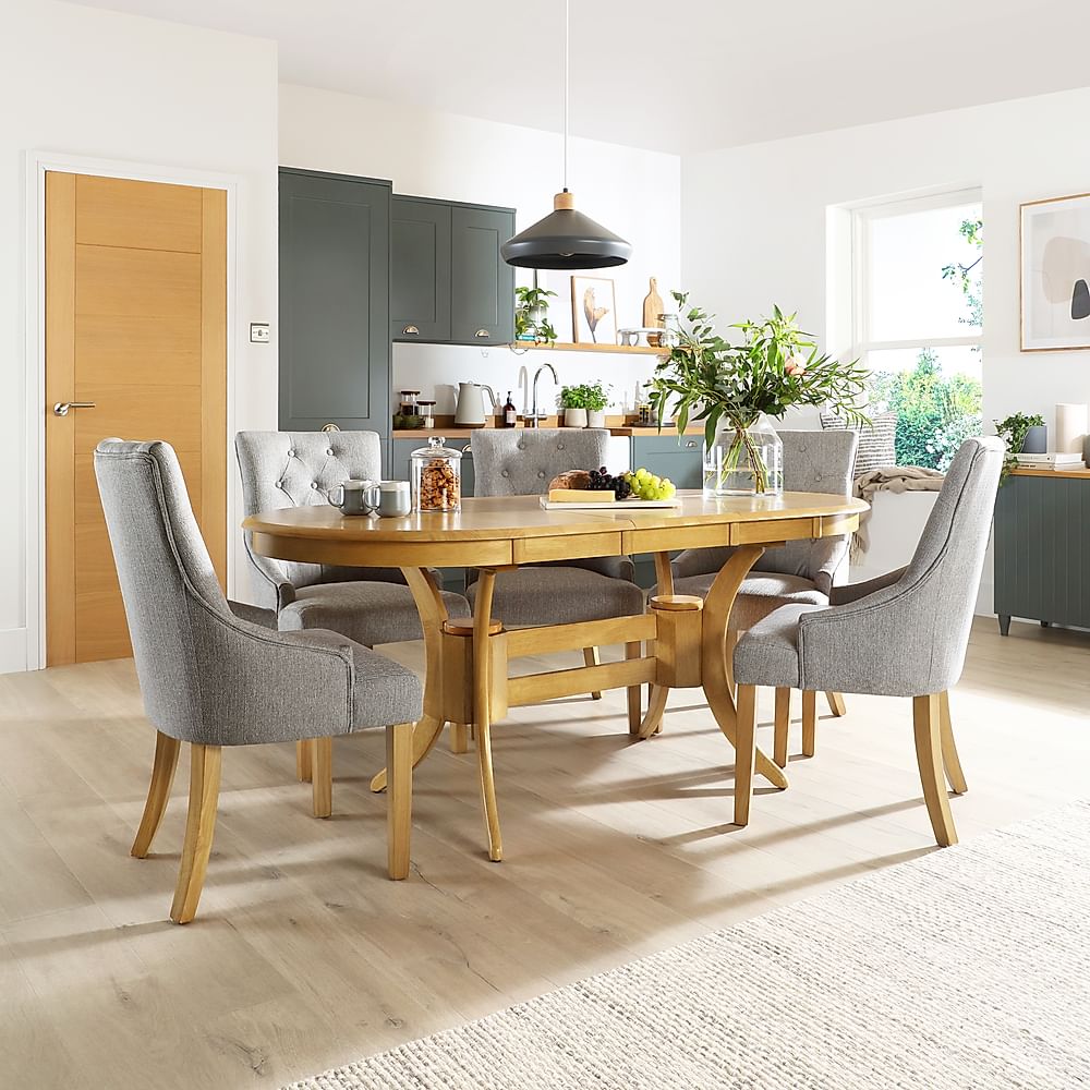 Townhouse Oval Extending Dining Table & 4 Duke Chairs, Natural Oak Finished Solid Hardwood, Light Grey Classic Linen-Weave Fabric, 150-180cm
