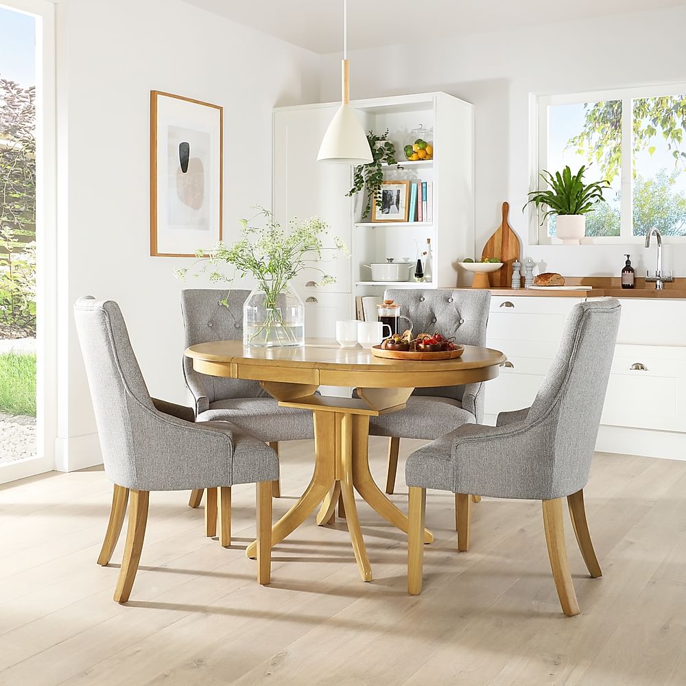 Hudson Round Extending Dining Table & 4 Duke Chairs, Natural Oak Finished Solid Hardwood, Light Grey Classic Linen-Weave Fabric, 90-120cm