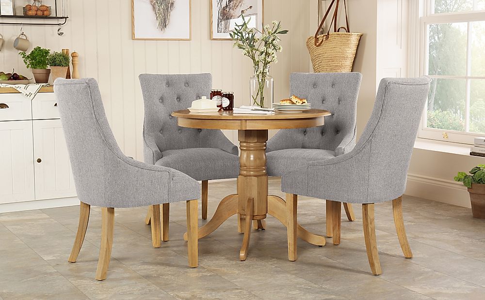 Kingston Round Dining Table & 2 Duke Chairs, Natural Oak Finished Solid Hardwood, Light Grey Classic Linen-Weave Fabric, 90cm