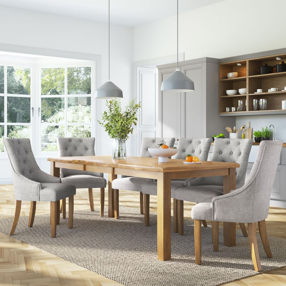 Highbury Extending Dining Table & 4 Duke Chairs, Natural Oak Finished Solid Hardwood, Light Grey Classic Linen-Weave Fabric, 150-200cm