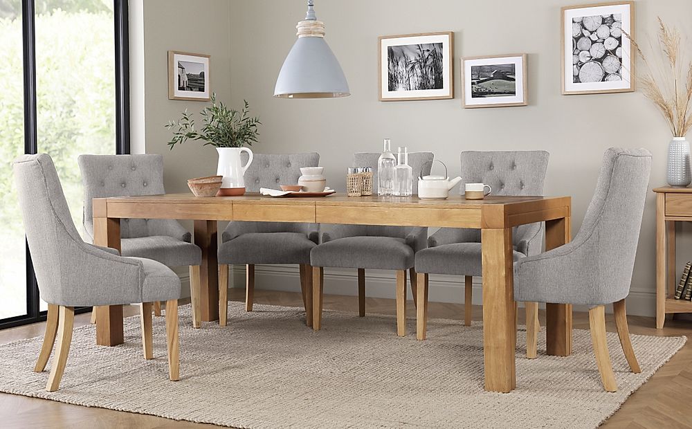 Cambridge Extending Dining Table & 4 Duke Chairs, Natural Oak Veneer & Solid Hardwood, Light Grey Classic Linen-Weave Fabric & Natural Oak Finished Solid Hardwood, 175-220cm