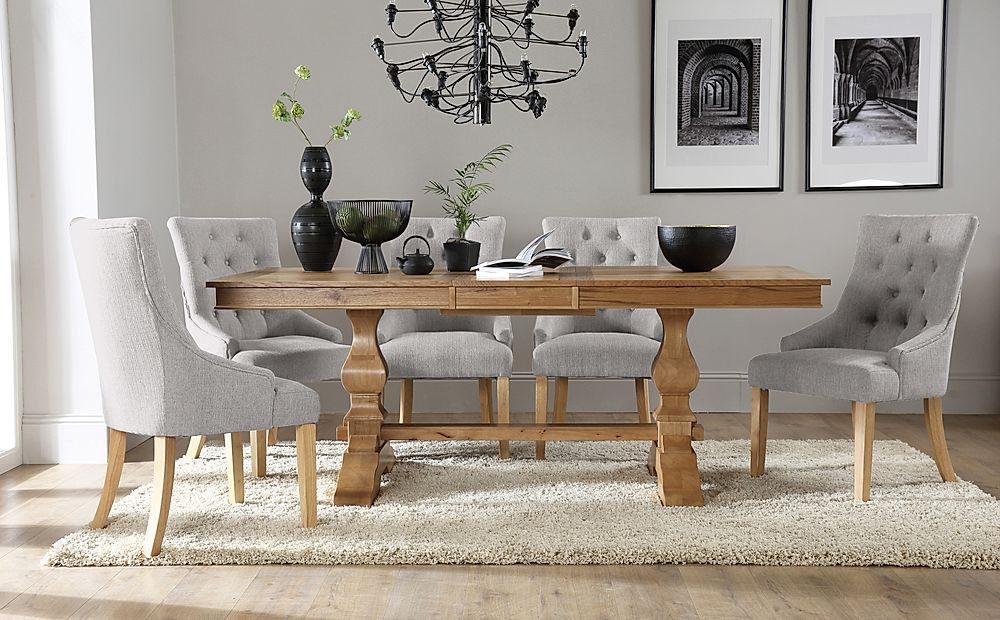 Cavendish Extending Dining Table & 4 Duke Chairs, Natural Oak Veneer & Solid Hardwood, Light Grey Classic Linen-Weave Fabric & Natural Oak Finished Solid Hardwood, 160-200cm