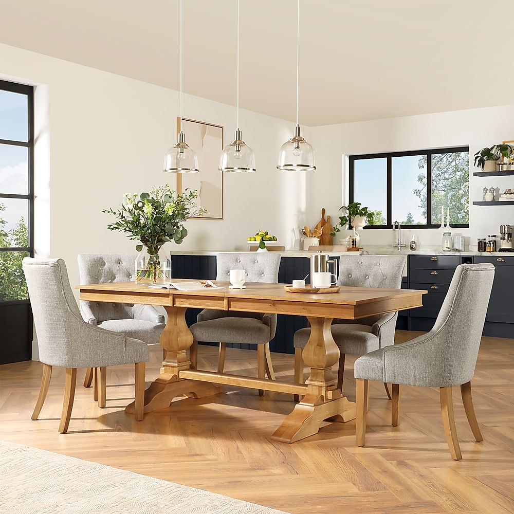 Cavendish Extending Dining Table & 6 Duke Chairs, Natural Oak Veneer & Solid Hardwood, Light Grey Classic Linen-Weave Fabric & Natural Oak Finished Solid Hardwood, 160-200cm