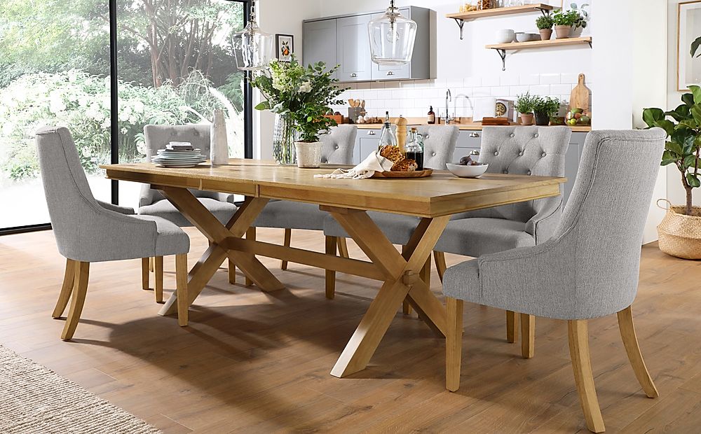 Grange Extending Dining Table & 4 Duke Chairs, Natural Oak Veneer & Solid Hardwood, Light Grey Classic Linen-Weave Fabric & Natural Oak Finished Solid Hardwood, 180-220cm