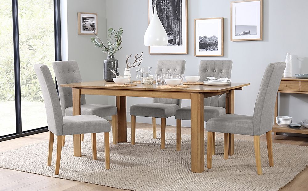 Bali Extending Dining Table & 4 Regent Chairs, Natural Oak Finished Solid Hardwood, Light Grey Classic Linen-Weave Fabric, 150-180cm