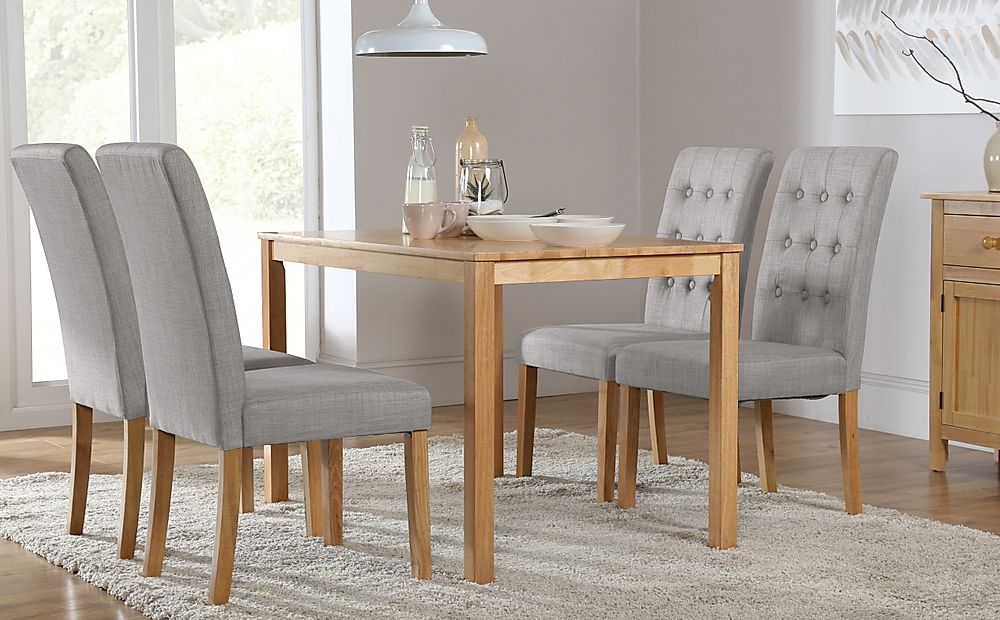 Milton Dining Table & 4 Regent Chairs, Natural Oak Finished Solid Hardwood, Light Grey Classic Linen-Weave Fabric, 120cm