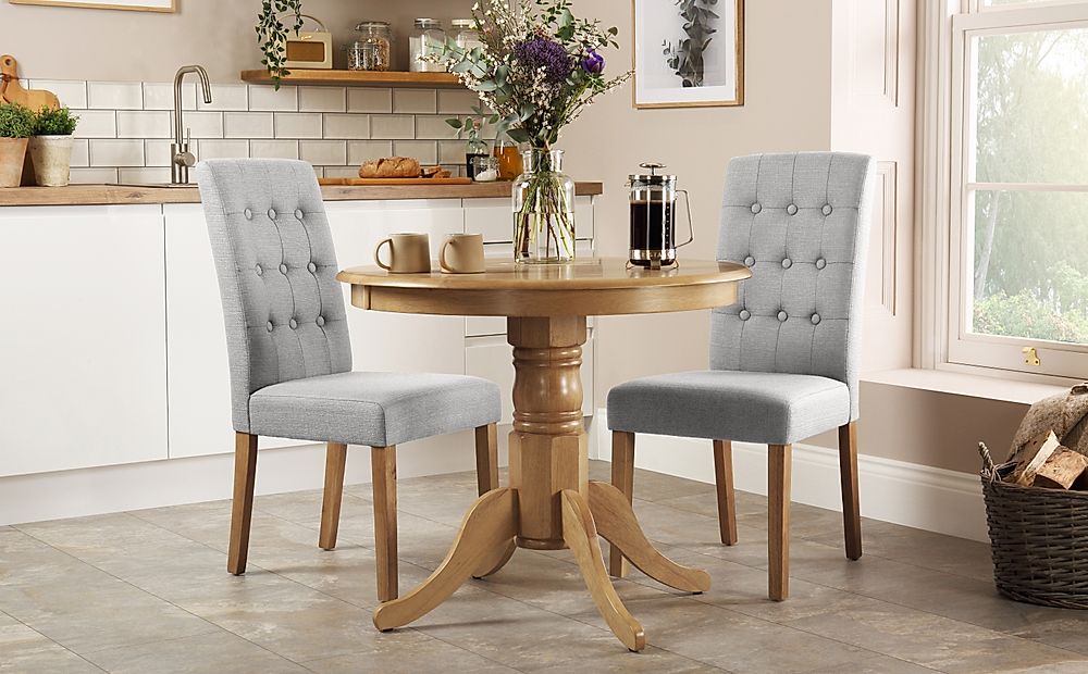 Kingston Round Dining Table & 2 Regent Chairs, Natural Oak Finished Solid Hardwood, Light Grey Classic Linen-Weave Fabric, 90cm