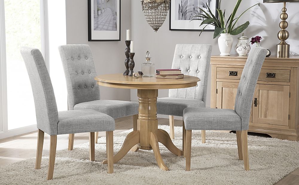Kingston Round Dining Table & 4 Regent Chairs, Natural Oak Finished Solid Hardwood, Light Grey Classic Linen-Weave Fabric, 90cm