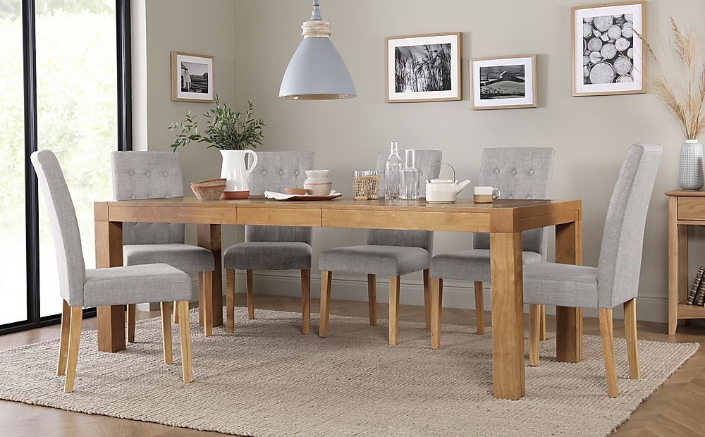 Cambridge Extending Dining Table & 4 Regent Chairs, Natural Oak Veneer & Solid Hardwood, Light Grey Classic Linen-Weave Fabric & Natural Oak Finished Solid Hardwood, 175-220cm