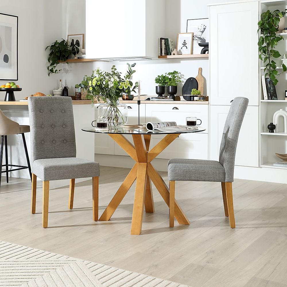 Hatton Round Dining Table & 2 Regent Chairs, Glass & Natural Oak Finished Solid Hardwood, Light Grey Classic Linen-Weave Fabric, 100cm