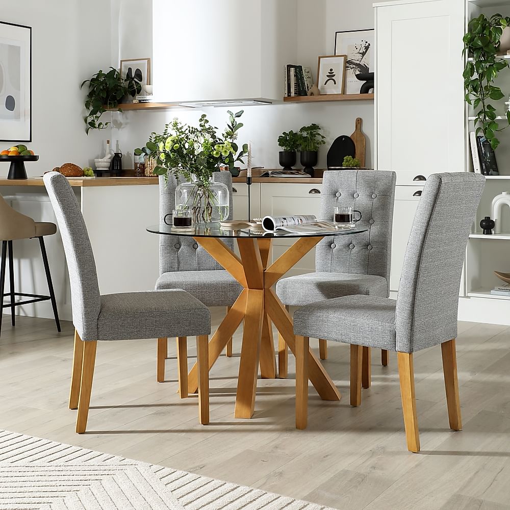 Hatton Round Dining Table & 4 Regent Chairs, Glass & Natural Oak Finished Solid Hardwood, Light Grey Classic Linen-Weave Fabric, 100cm