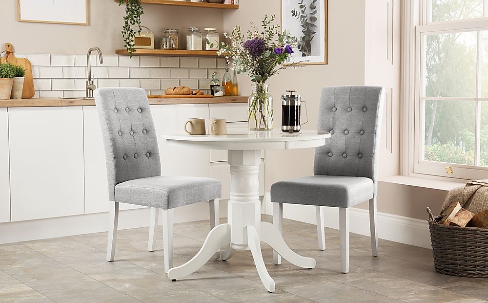 Kingston Round Dining Table & 2 Regent Chairs, White Wood, Light Grey Classic Linen-Weave Fabric, 90cm