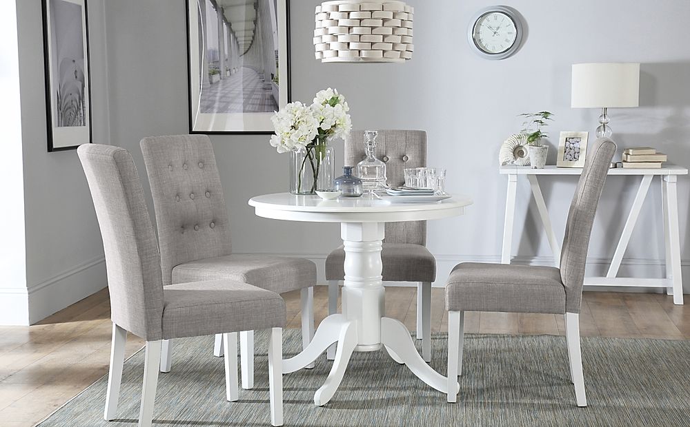 Kingston Round Dining Table & 4 Regent Chairs, White Wood, Light Grey Classic Linen-Weave Fabric, 90cm