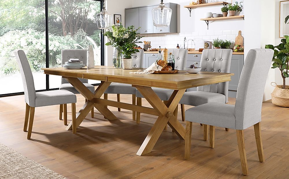 Grange Extending Dining Table & 4 Regent Chairs, Natural Oak Veneer & Solid Hardwood, Light Grey Classic Linen-Weave Fabric & Natural Oak Finished Solid Hardwood, 180-220cm