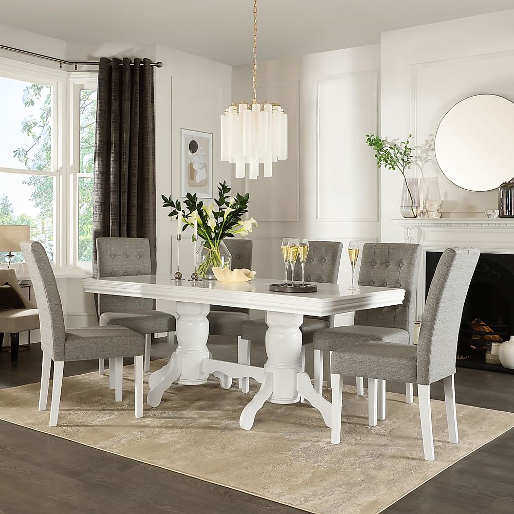 Chatsworth Extending Dining Table & 4 Regent Chairs, White Wood, Light Grey Classic Linen-Weave Fabric, 150-180cm