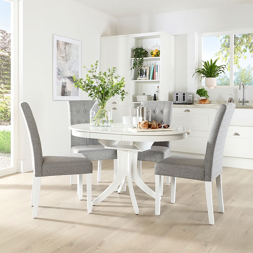 Hudson Round Extending Dining Table & 4 Regent Chairs, White Wood, Light Grey Classic Linen-Weave Fabric, 90-120cm