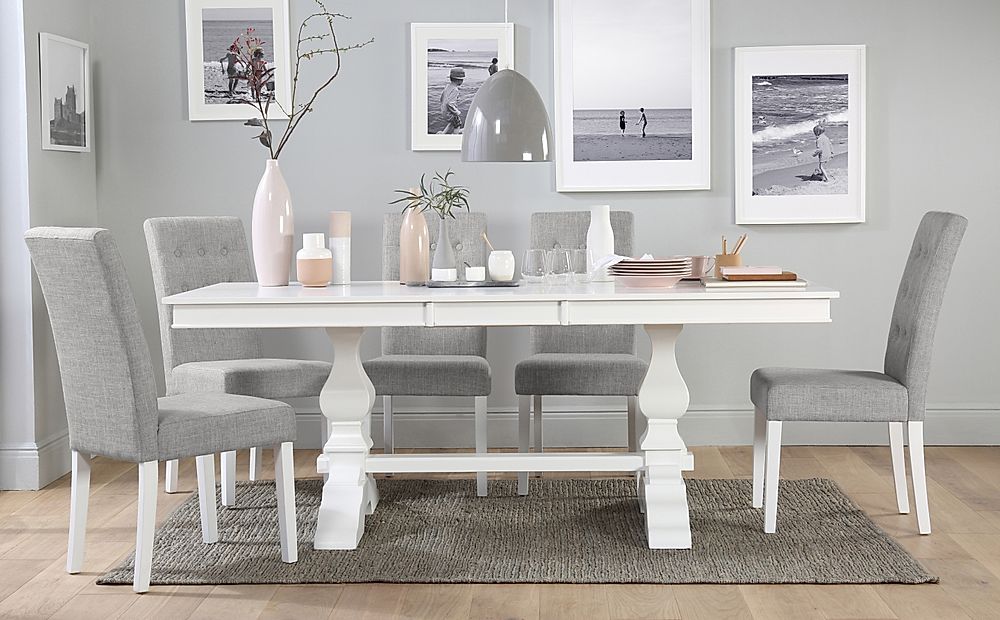 Cavendish Extending Dining Table & 4 Regent Chairs, White Wood, Light Grey Classic Linen-Weave Fabric, 160-200cm
