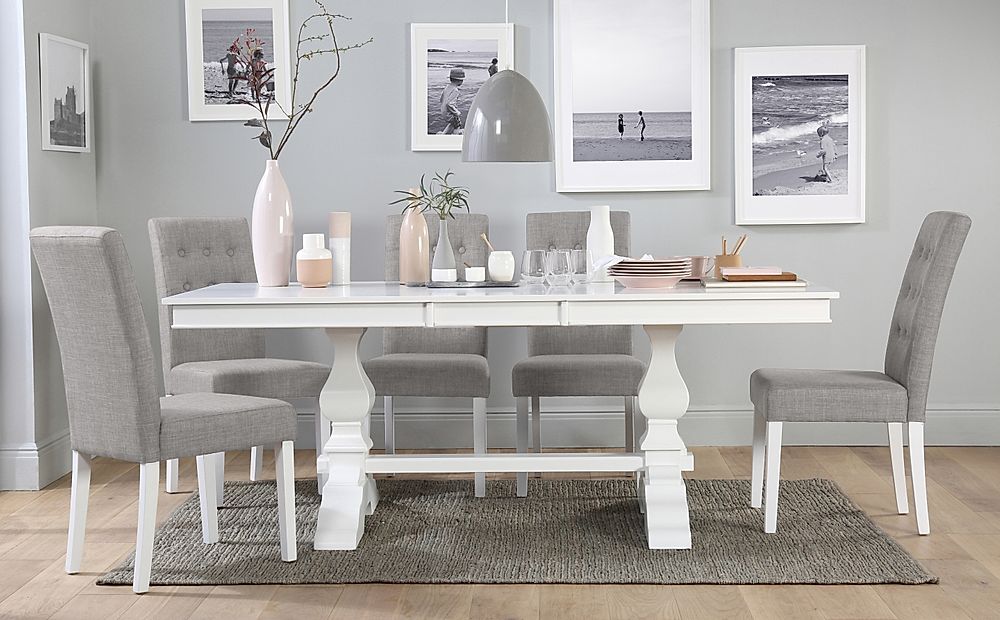 Cavendish Extending Dining Table & 8 Regent Chairs, White Wood, Light Grey Classic Linen-Weave Fabric, 160-200cm