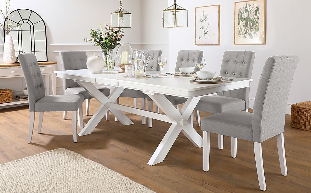 Grange Extending Dining Table & 4 Regent Chairs, White Wood, Light Grey Classic Linen-Weave Fabric, 180-220cm