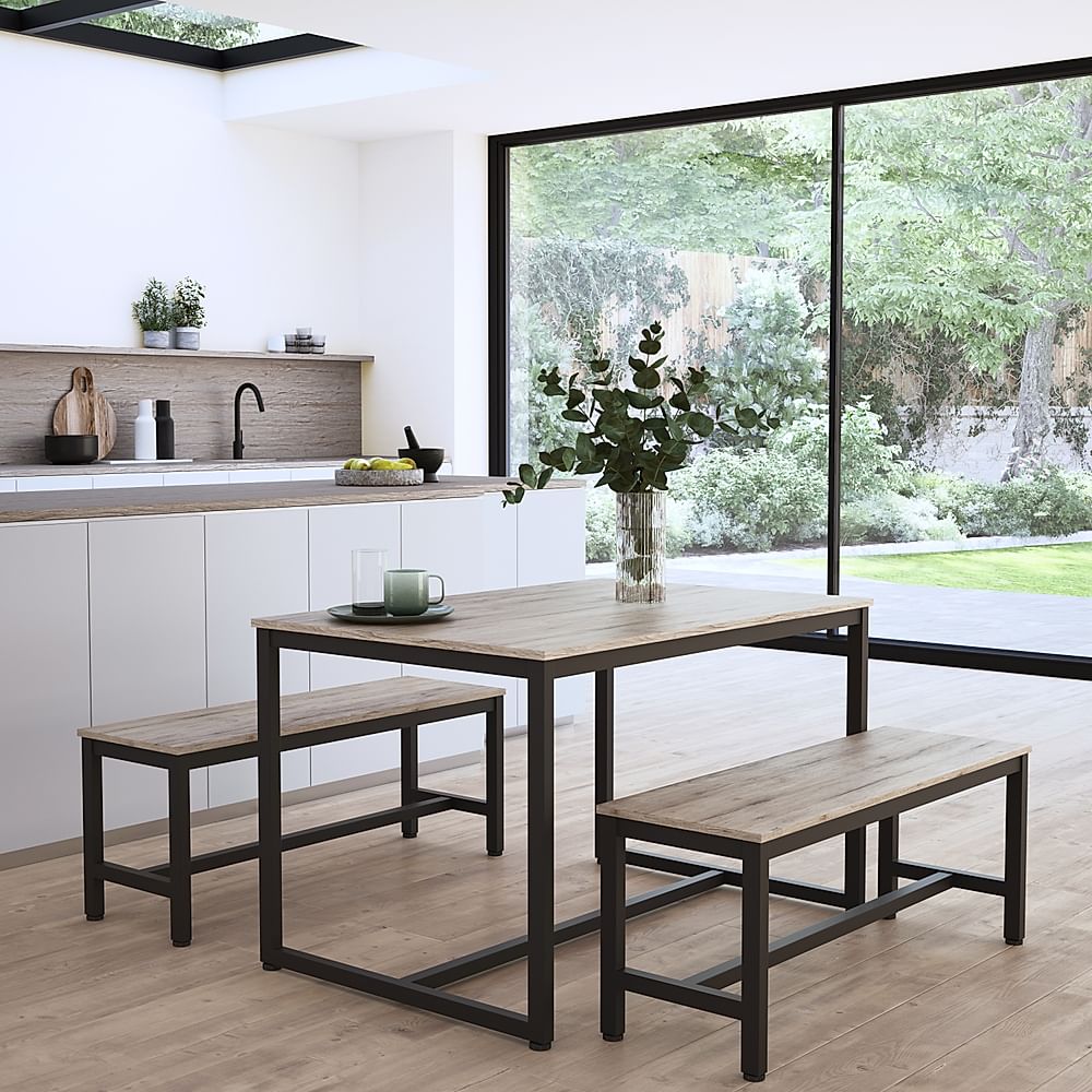 Avenue Dining Table & 2 Benches, Natural Oak Effect & Black Steel, 120cm