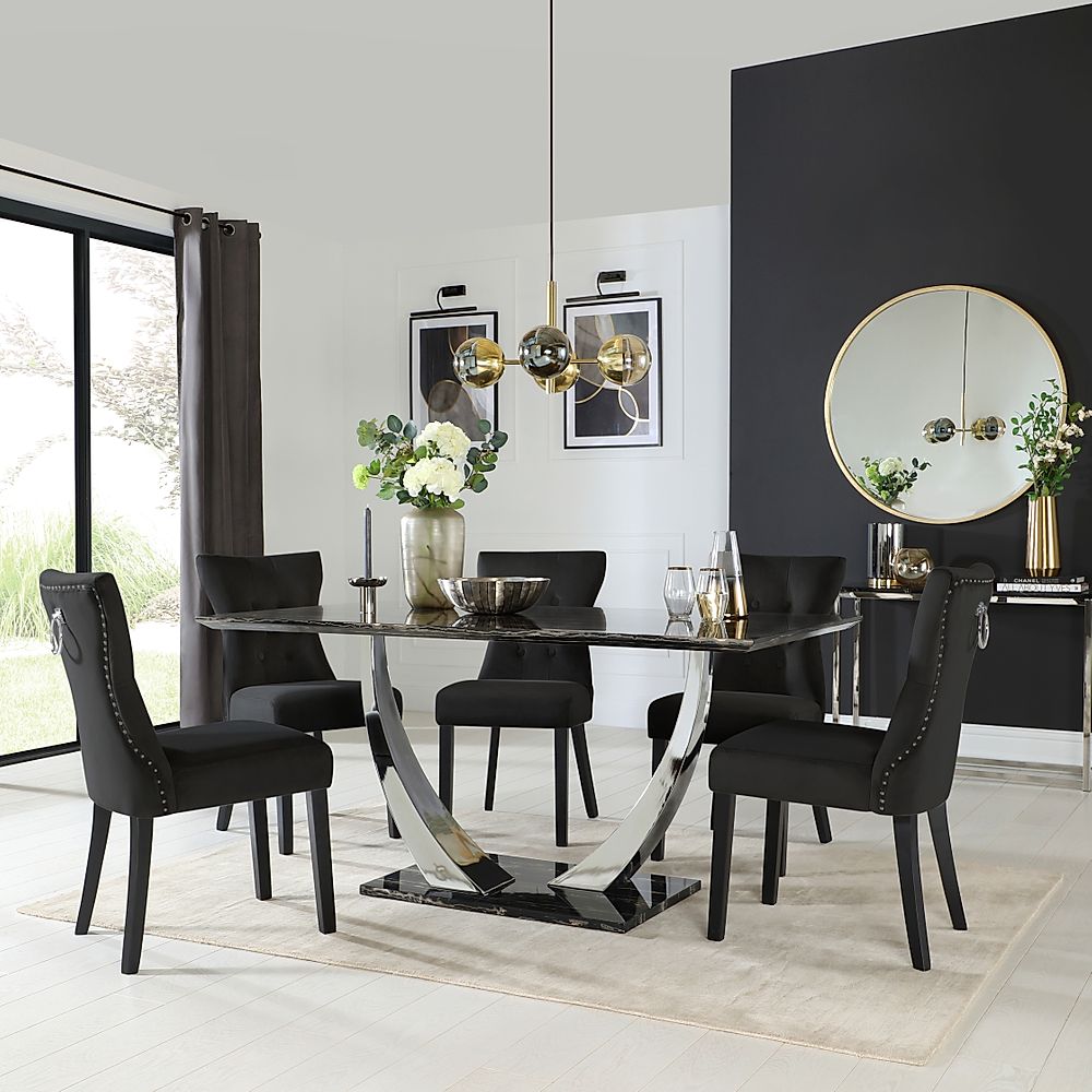 Peake Dining Table & 4 Kensington Chairs, Black Marble Effect & Chrome, Black Classic Velvet & Black Solid Hardwood, 160cm