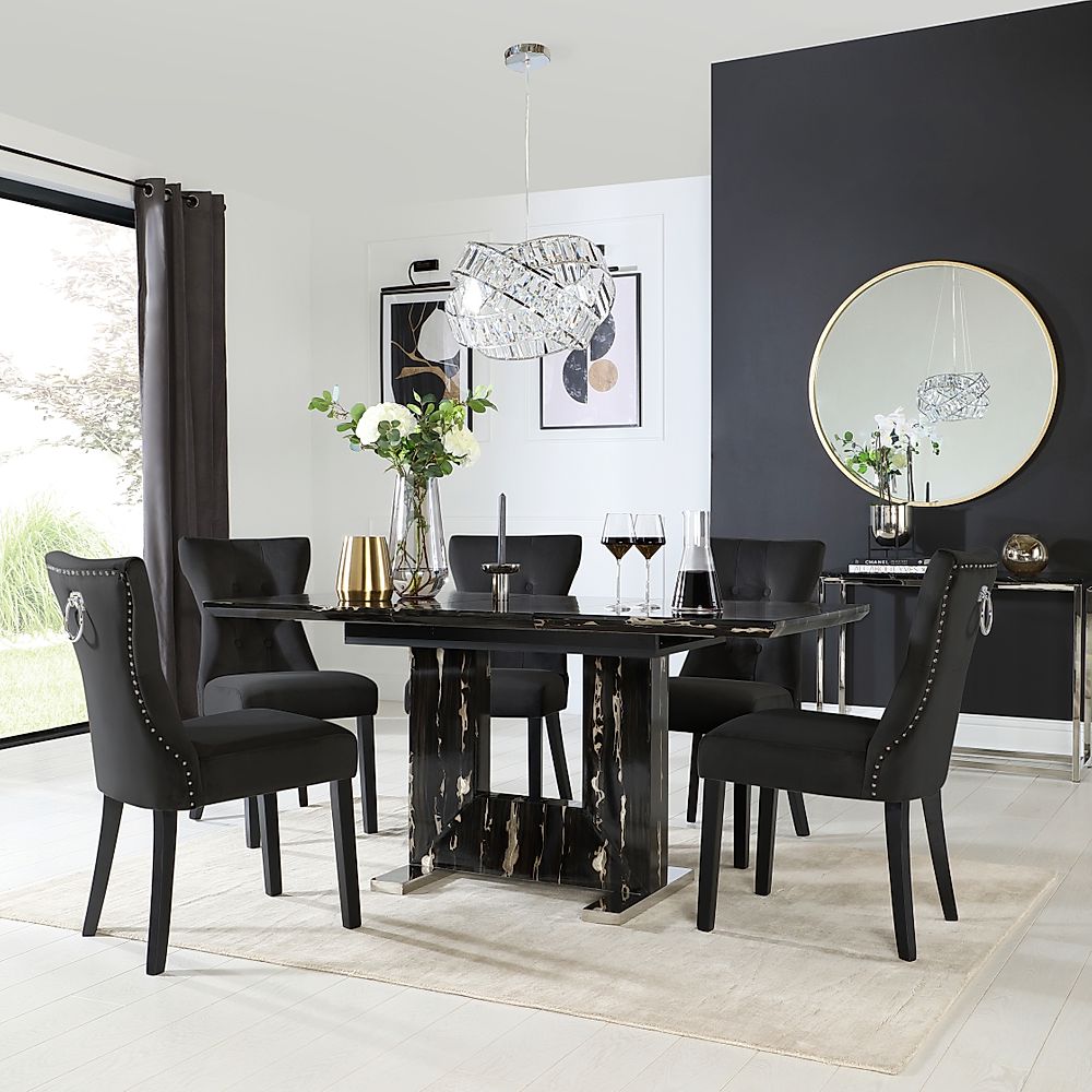 Florence Extending Dining Table & 4 Kensington Chairs, Black Marble Effect, Black Classic Velvet & Black Solid Hardwood, 120-160cm