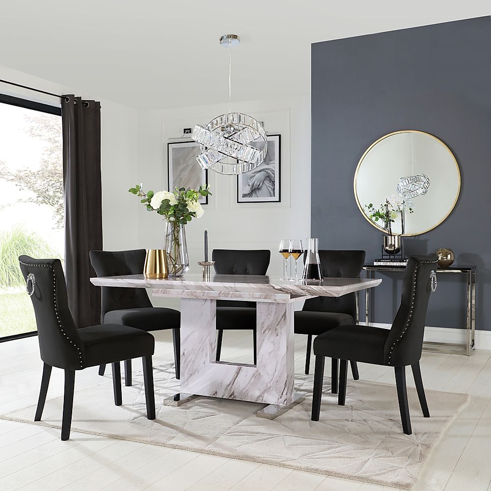 Florence Extending Dining Table & 6 Kensington Chairs, Grey Marble Effect, Black Classic Velvet & Black Solid Hardwood, 120-160cm
