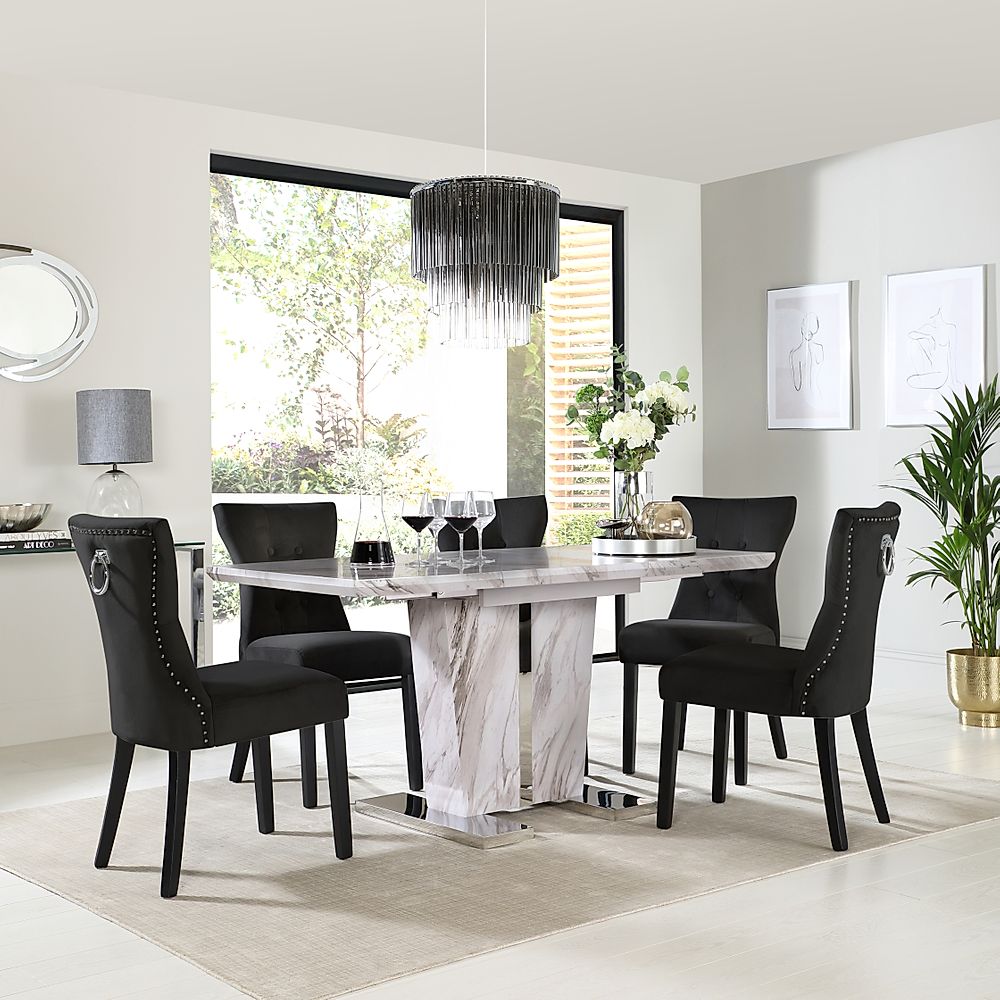 Vienna Extending Dining Table & 6 Kensington Chairs, Grey Marble Effect, Black Classic Velvet & Black Solid Hardwood, 120-160cm