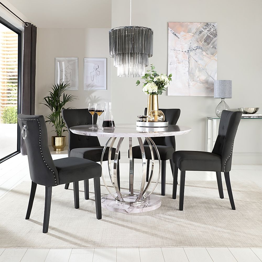 Savoy Round Dining Table & 4 Kensington Chairs, Grey Marble Effect & Chrome, Black Classic Velvet & Black Solid Hardwood, 120cm