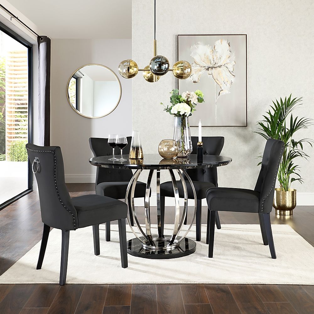 Savoy Round Dining Table & 4 Kensington Chairs, Black Marble Effect & Chrome, Black Classic Velvet & Black Solid Hardwood, 120cm