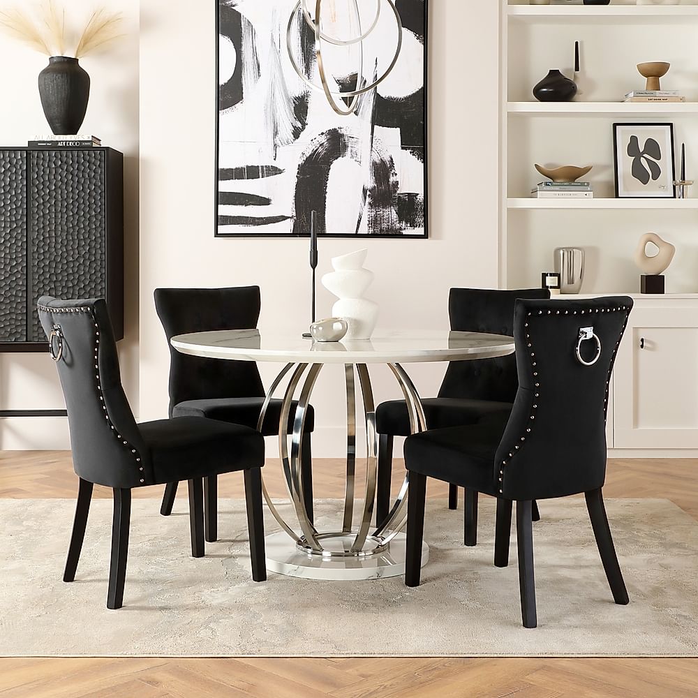 Savoy Round Dining Table & 4 Kensington Chairs, White Marble Effect & Chrome, Black Classic Velvet & Black Solid Hardwood, 120cm