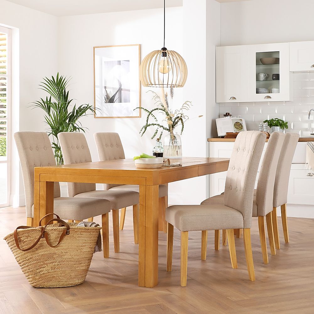 Cambridge Extending Dining Table & 6 Regent Chairs, Natural Oak Veneer & Solid Hardwood, Oatmeal Classic Linen-Weave Fabric & Natural Oak Finished Solid Hardwood, 175-220cm