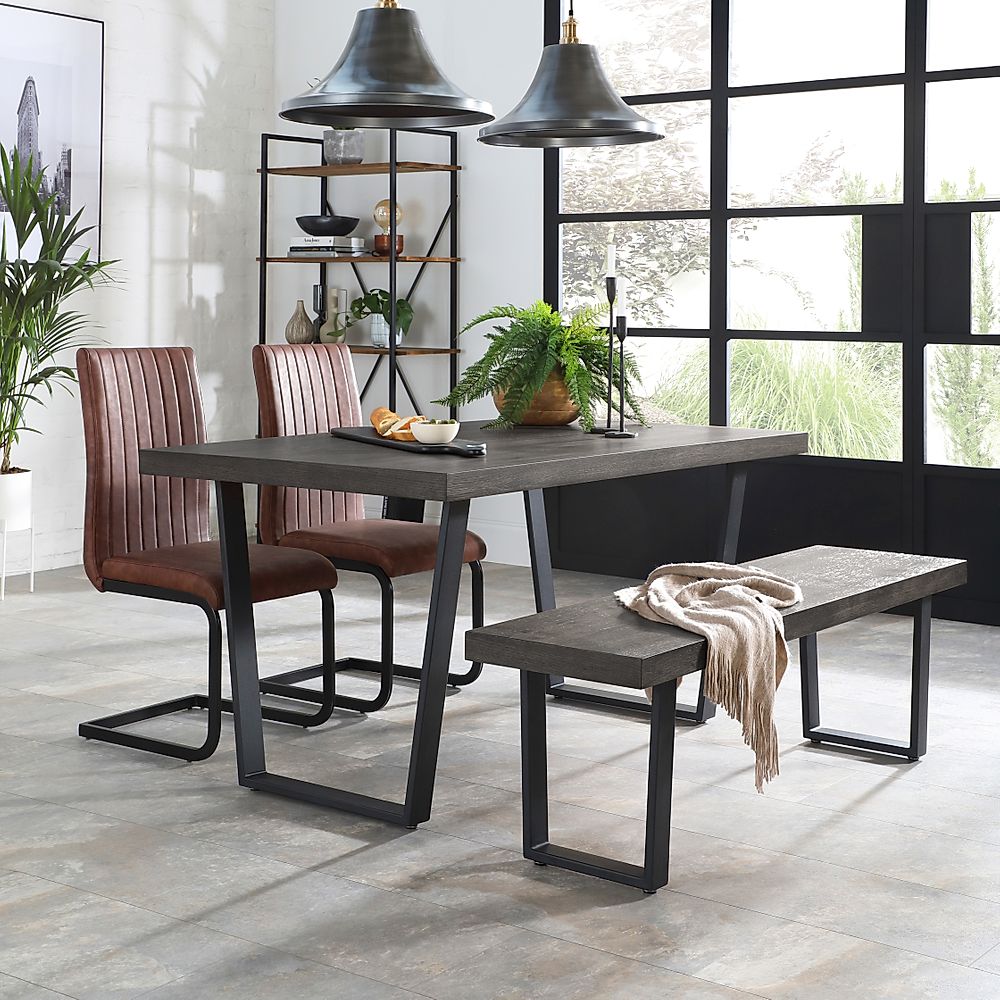 Addison Dining Table, Bench & 2 Perth Chairs, Grey Oak Veneer & Black Steel, Tan Classic Faux Leather, 150cm