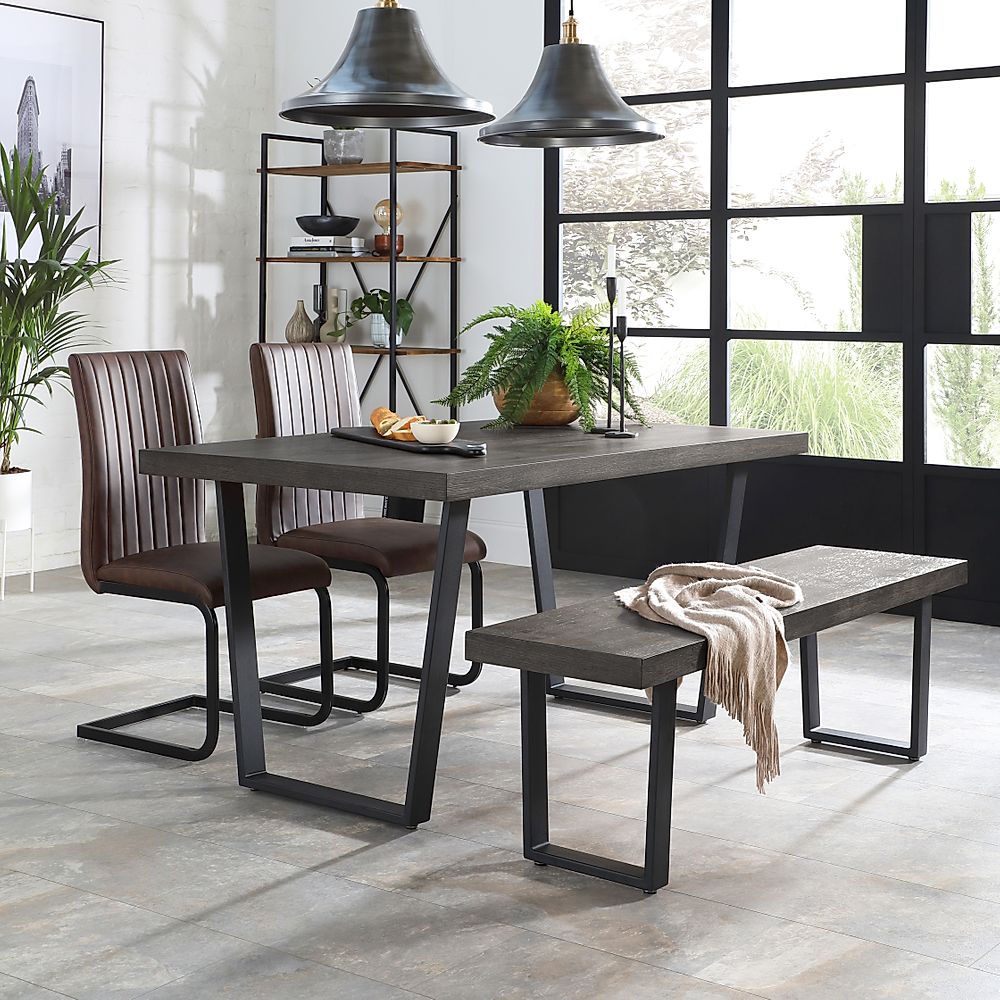 Addison Dining Table, Bench & 2 Perth Chairs, Grey Oak Veneer & Black Steel, Vintage Brown Classic Faux Leather, 150cm