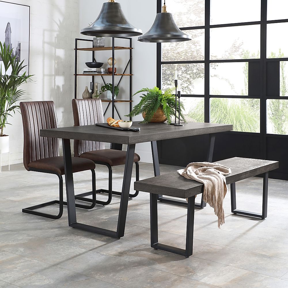 Addison Dining Table Bench 4 Perth Chairs Grey Oak Veneer Black Steel Vintage Brown Classic Faux Leather 150cm Only 879.99 Furniture And