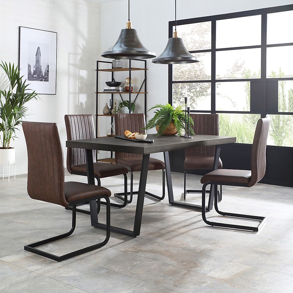 Addison Dining Table & 4 Perth Chairs, Grey Oak Veneer & Black Steel, Vintage Brown Classic Faux Leather, 150cm