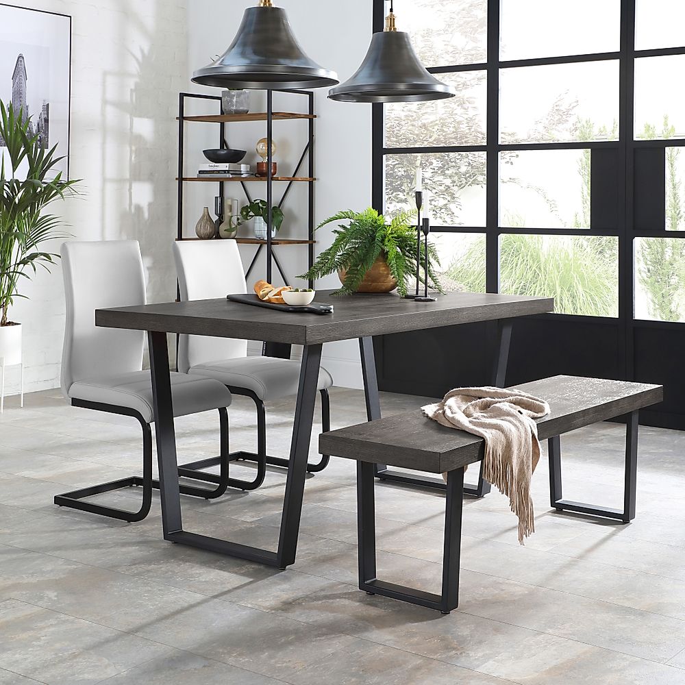 Addison Dining Table, Bench & 2 Perth Chairs, Grey Oak Veneer & Black Steel, Light Grey Classic Faux Leather, 150cm