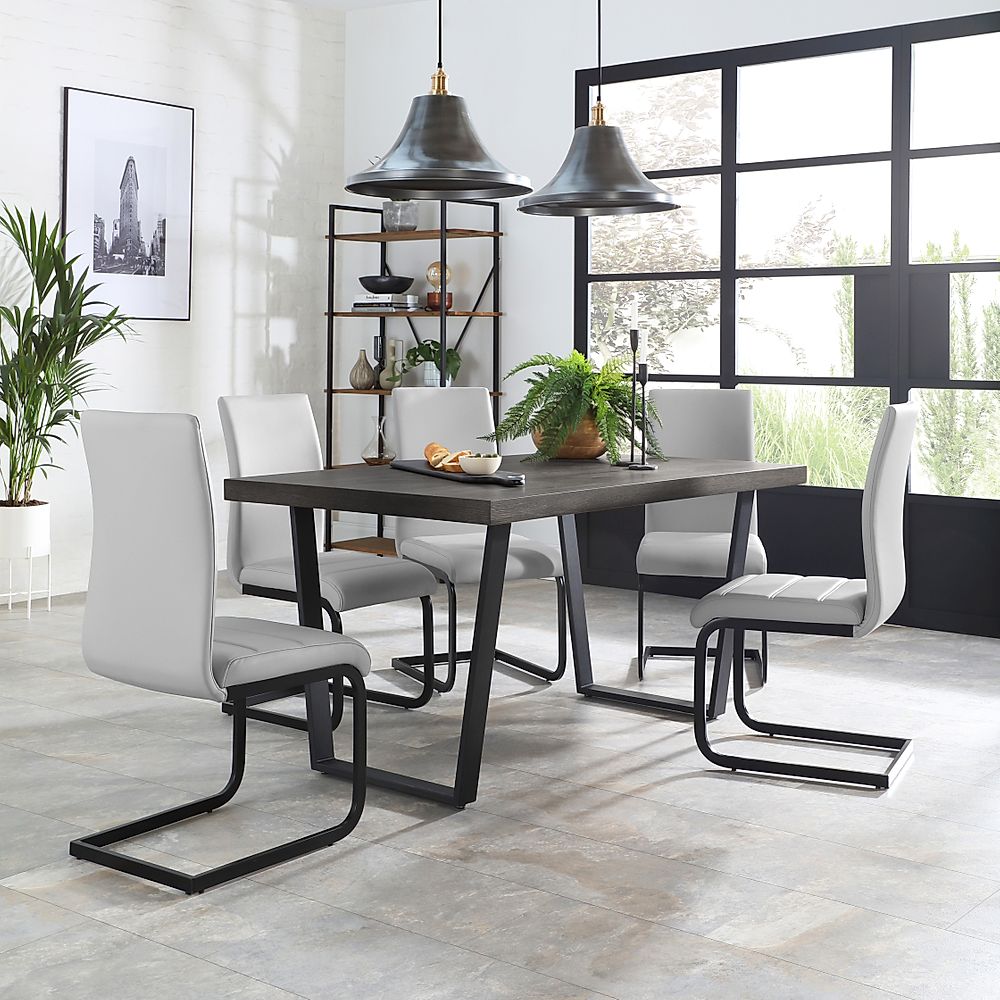 Addison Dining Table & 4 Perth Chairs, Grey Oak Veneer & Black Steel, Light Grey Classic Faux Leather, 150cm
