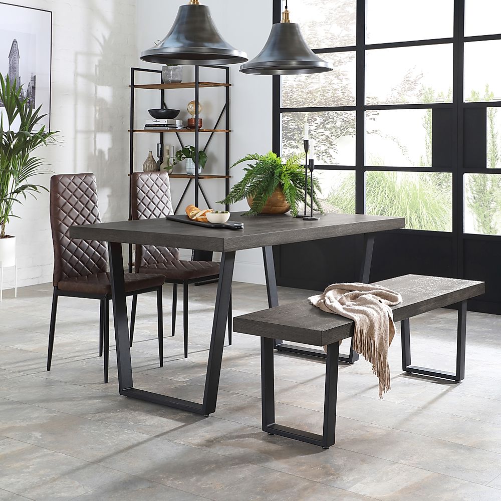 Addison Industrial Dining Table, Bench & 4 Renzo Chairs, Grey Oak Veneer & Black Steel, Vintage Brown Classic Faux Leather, 150cm