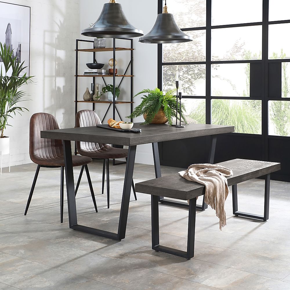 Addison Industrial Dining Table, Bench & 4 Brooklyn Chairs, Grey Oak Veneer & Black Steel, Vintage Brown Classic Faux Leather, 150cm