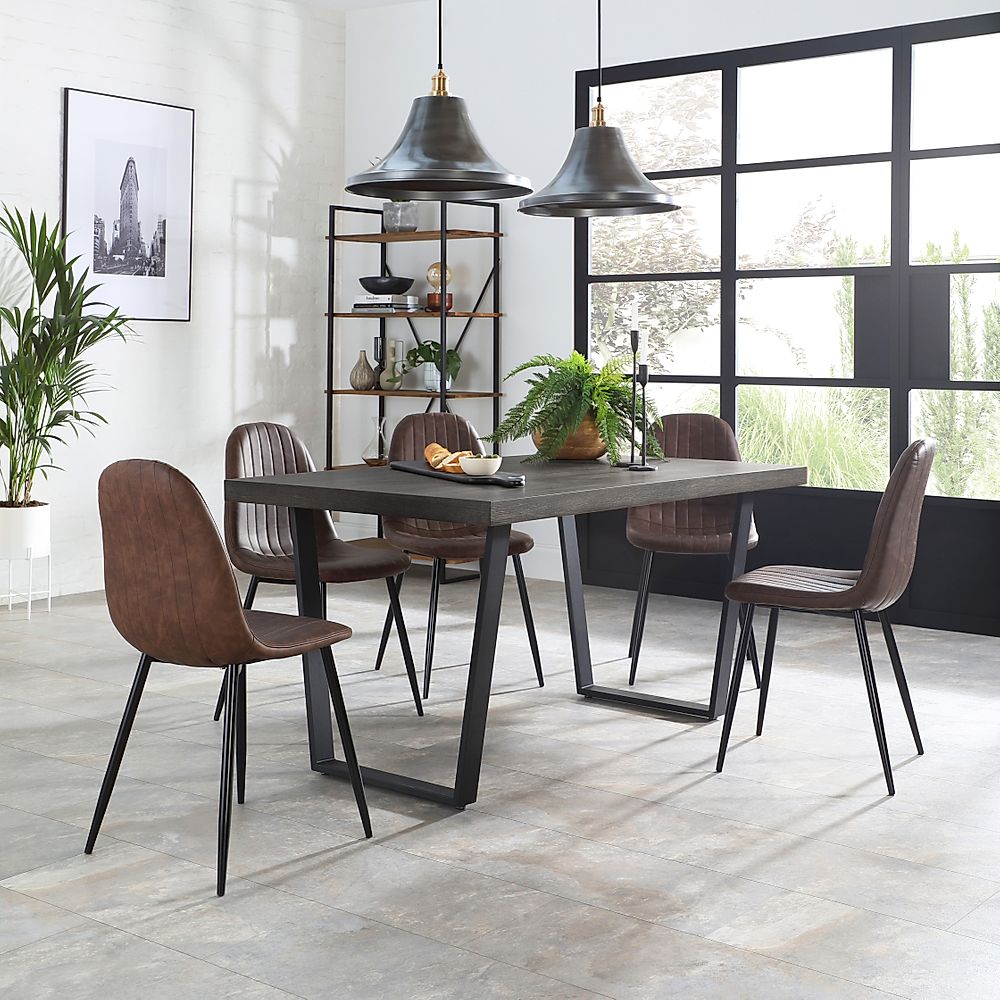 Addison Dining Table & 6 Brooklyn Chairs, Grey Oak Veneer & Black Steel, Vintage Brown Classic Faux Leather, 150cm