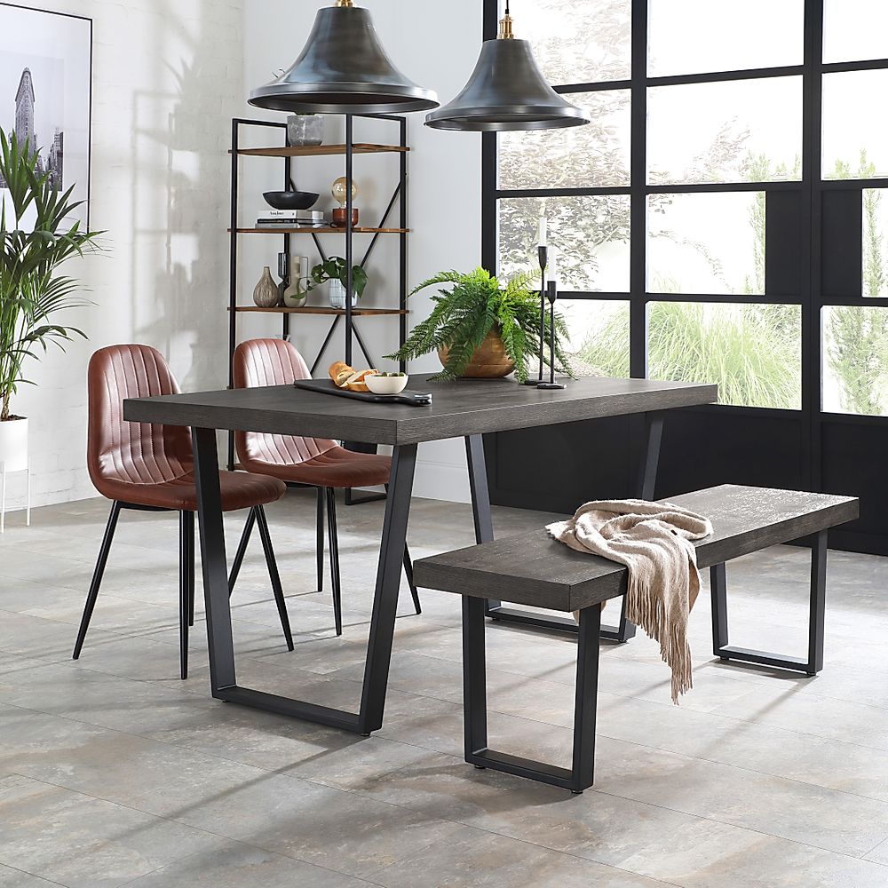 Addison Dining Table, Bench & 2 Brooklyn Chairs, Grey Oak Veneer & Black Steel, Tan Classic Faux Leather, 150cm