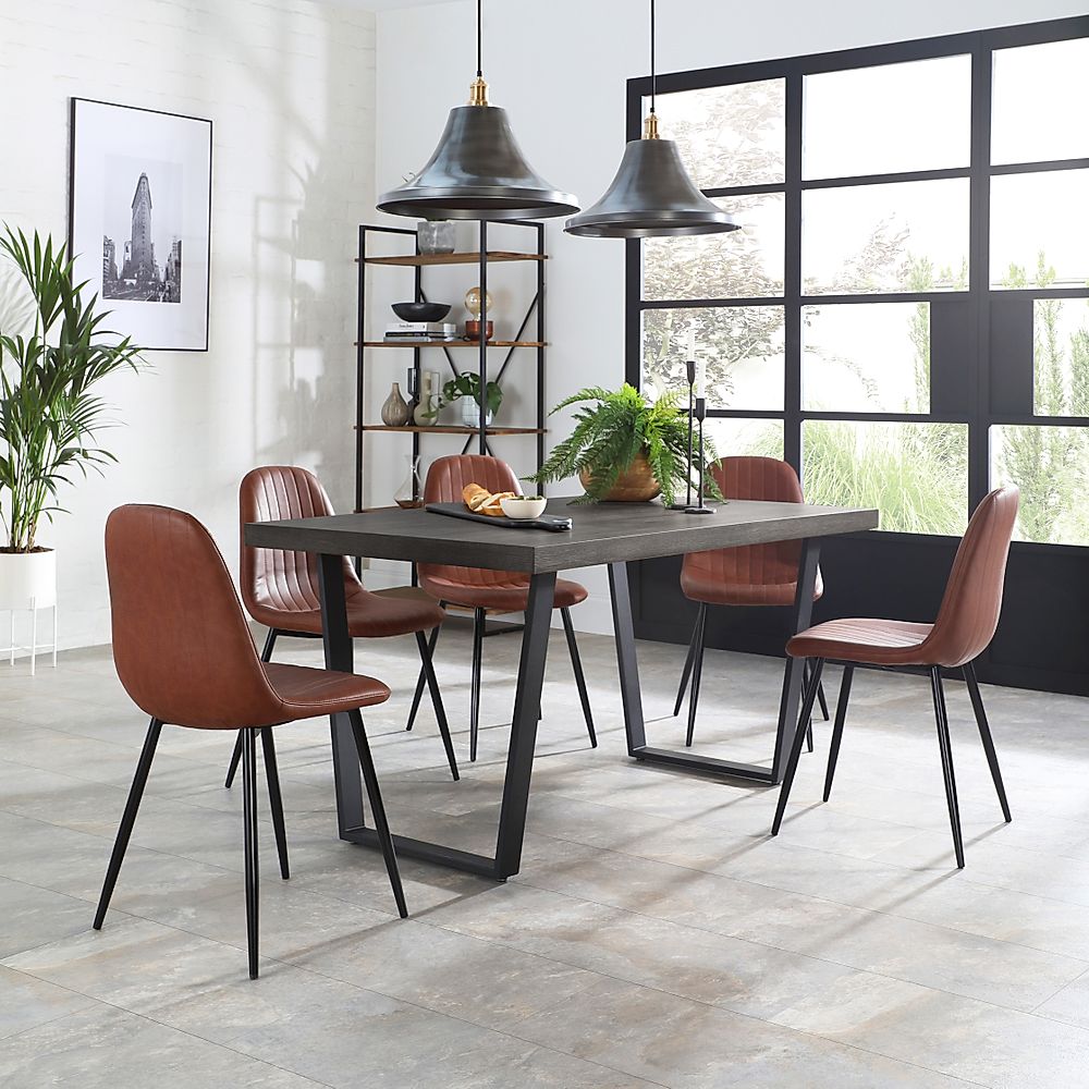 Addison Dining Table & 4 Brooklyn Chairs, Grey Oak Veneer & Black Steel, Tan Classic Faux Leather, 150cm
