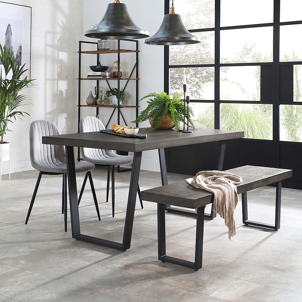 Addison Dining Table, Bench & 2 Brooklyn Chairs, Grey Oak Veneer & Black Steel, Grey Classic Velvet, 150cm